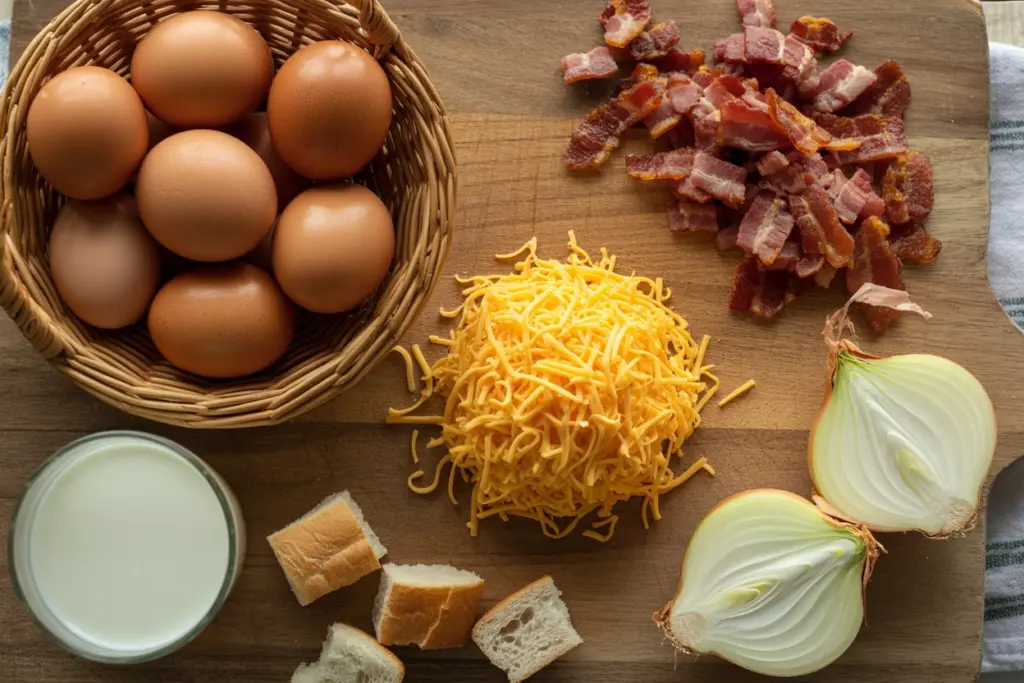 Breakfast Casserole ingredients eggs cheese bacon bread