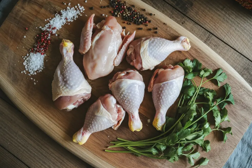 whole chicken pieces arranged on wooden cutting board