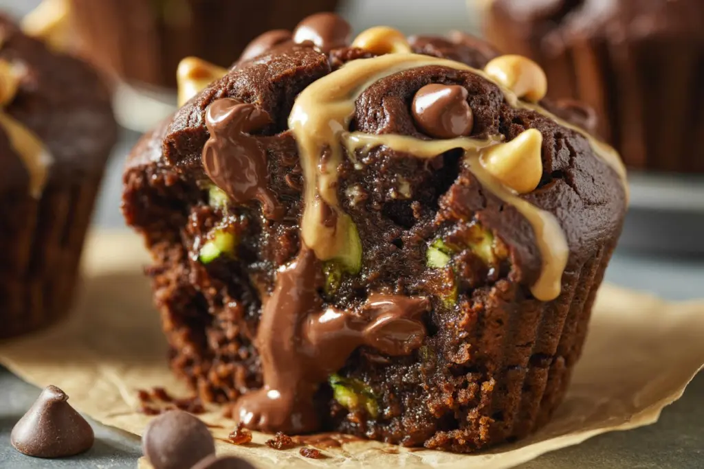 Sourdough Double Chocolate Peanut Butter Zucchini Muffins
