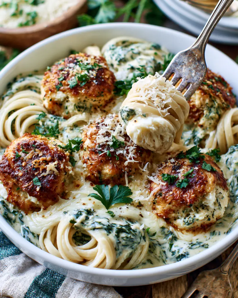 Tender Chicken Ricotta Meatballs in Creamy Spinach Alfredo Pasta