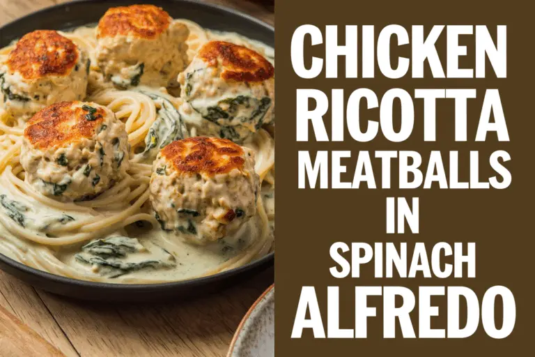 Tender Chicken Ricotta Meatballs in Creamy Spinach Alfredo Pasta