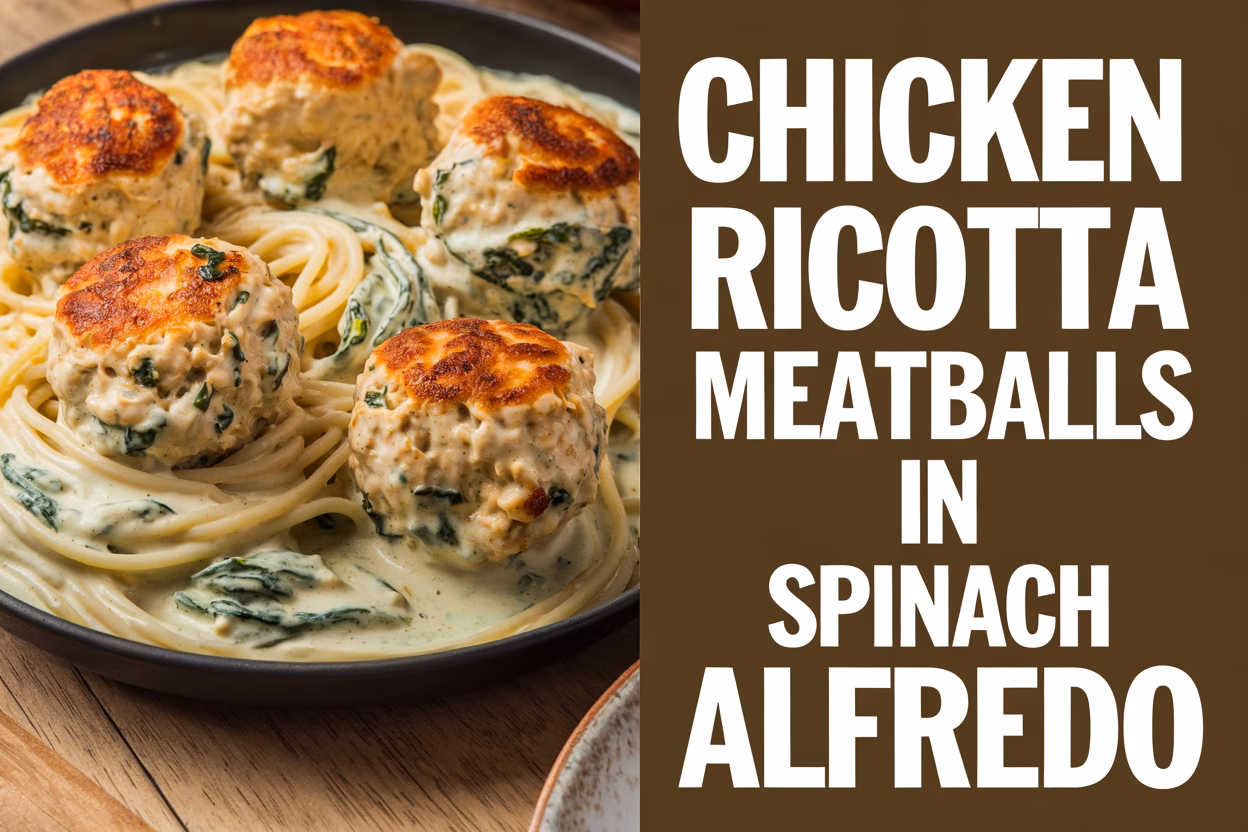 Tender Chicken Ricotta Meatballs in Creamy Spinach Alfredo Pasta