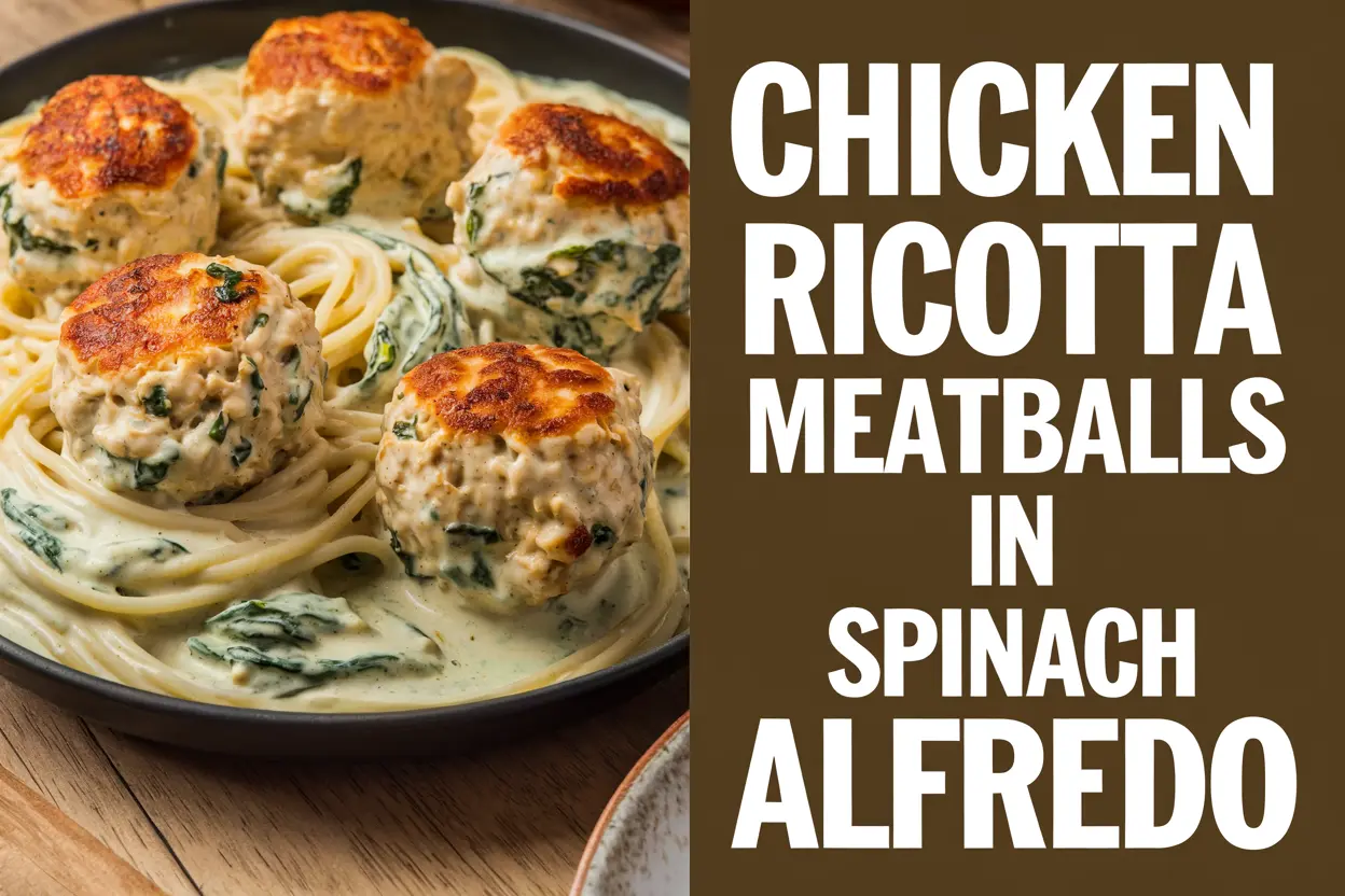 Tender Chicken Ricotta Meatballs in Creamy Spinach Alfredo Pasta