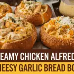 Creamy Chicken Alfredo in Cheesy Garlic Bread Bowls: A Comfort Food Masterpiece!