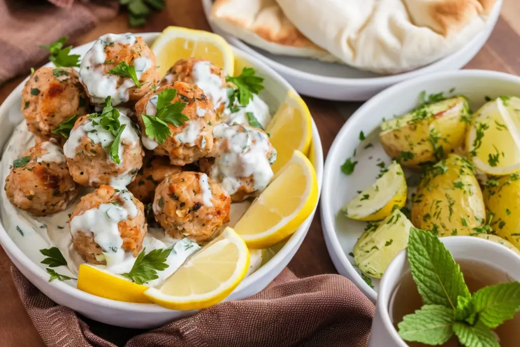 Greek Chicken Meatballs with Tzatziki 4 chicken meatballs