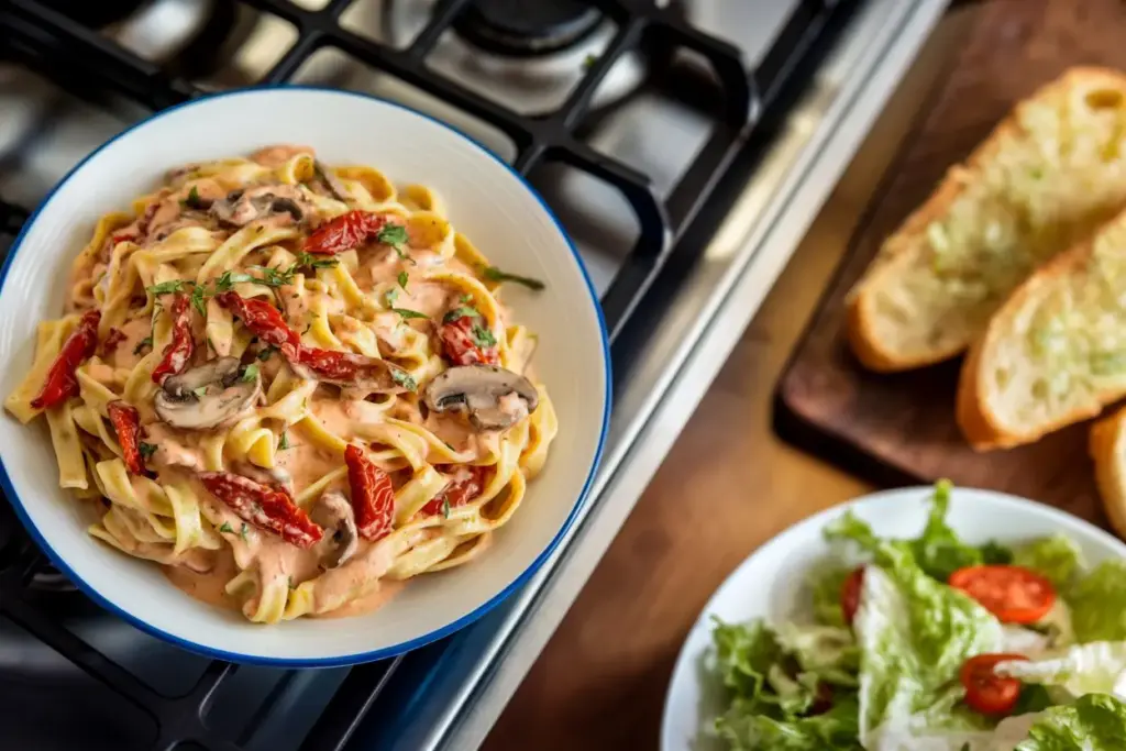 Pasta with Sun Dried Tomatoes  in a Garlic Basil Cream Sauce