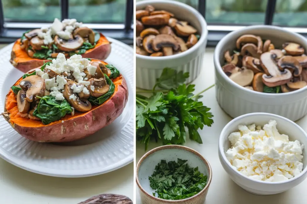 Flavorful Stuffed Sweet Potatoes with Spinach, Mushrooms, and Feta 3 stuffed sweet potatoes