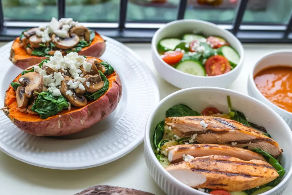 Flavorful Stuffed Sweet Potatoes with Spinach, Mushrooms, and Feta 4 stuffed sweet potatoes recipe