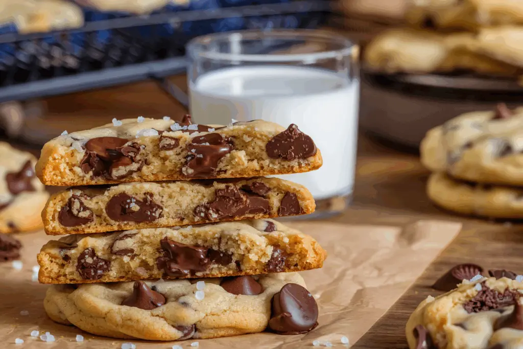 Gooey Brown Butter Sourdough Chocolate Chip Cookies 3 chocolate chip cookies