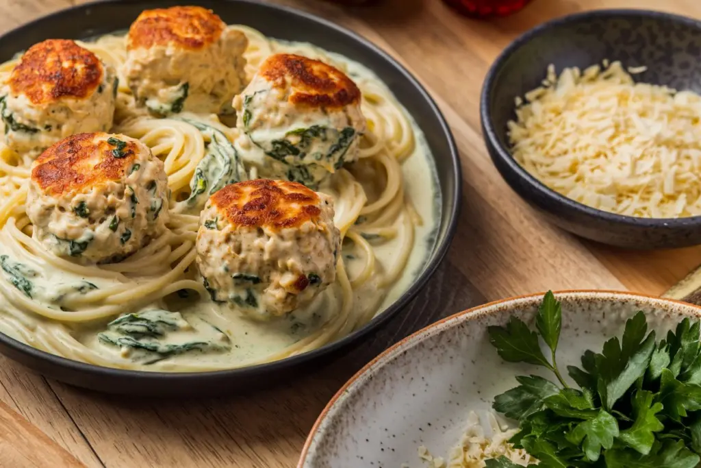 Tender Chicken Ricotta Meatballs in Creamy Spinach Alfredo Pasta Recipe