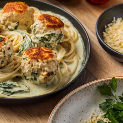 Tender Chicken Ricotta Meatballs in Creamy Spinach Alfredo Pasta Recipe