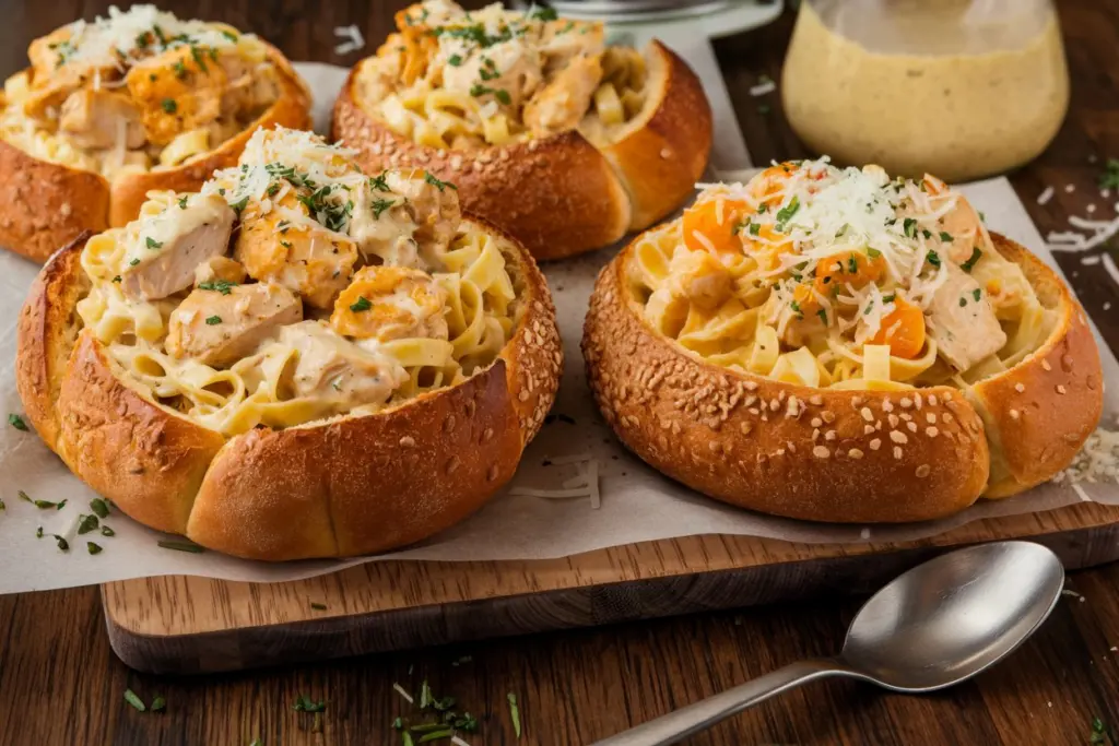 Creamy Chicken Alfredo in Cheesy Garlic Bread Bowls 3 creamy chicken alfredo
