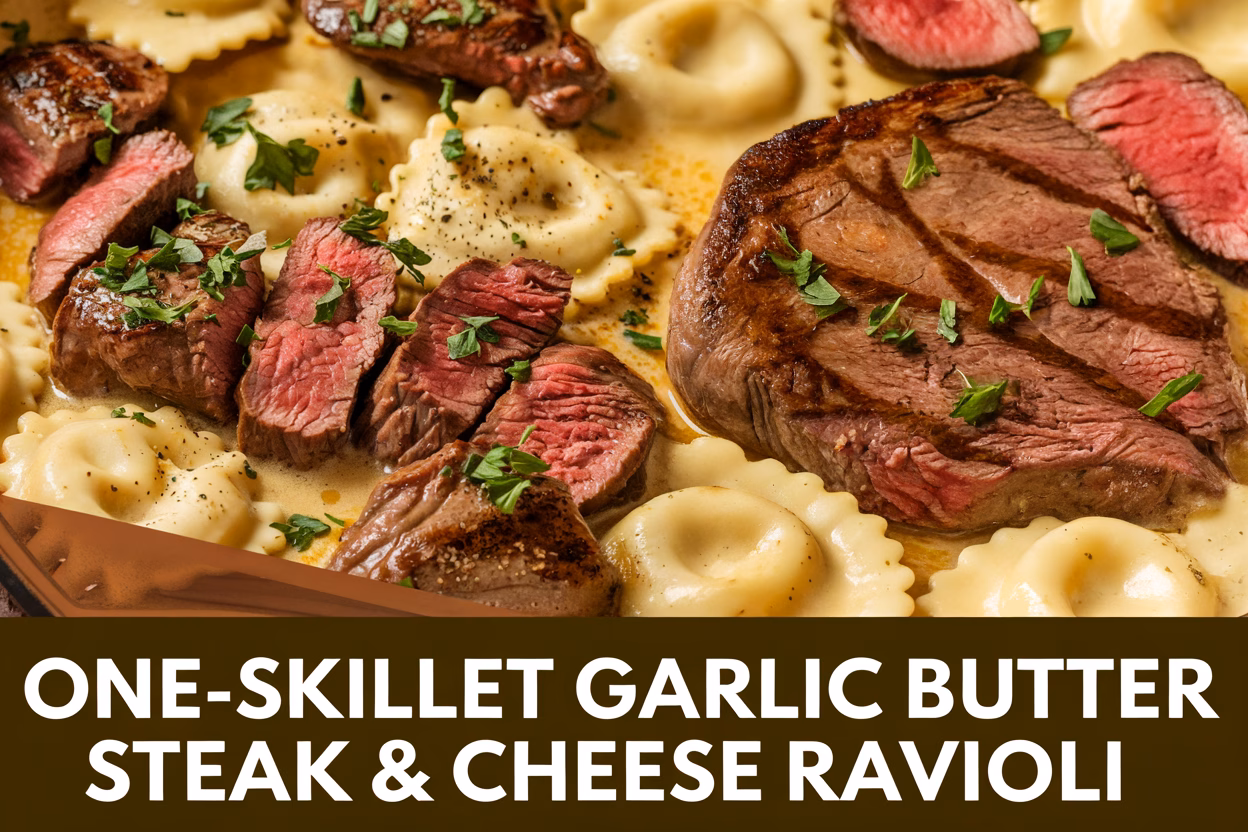 One-Pan Creamy Garlic Butter Steak & Cheese Ravioli Recipe – Quick and Flavorful !