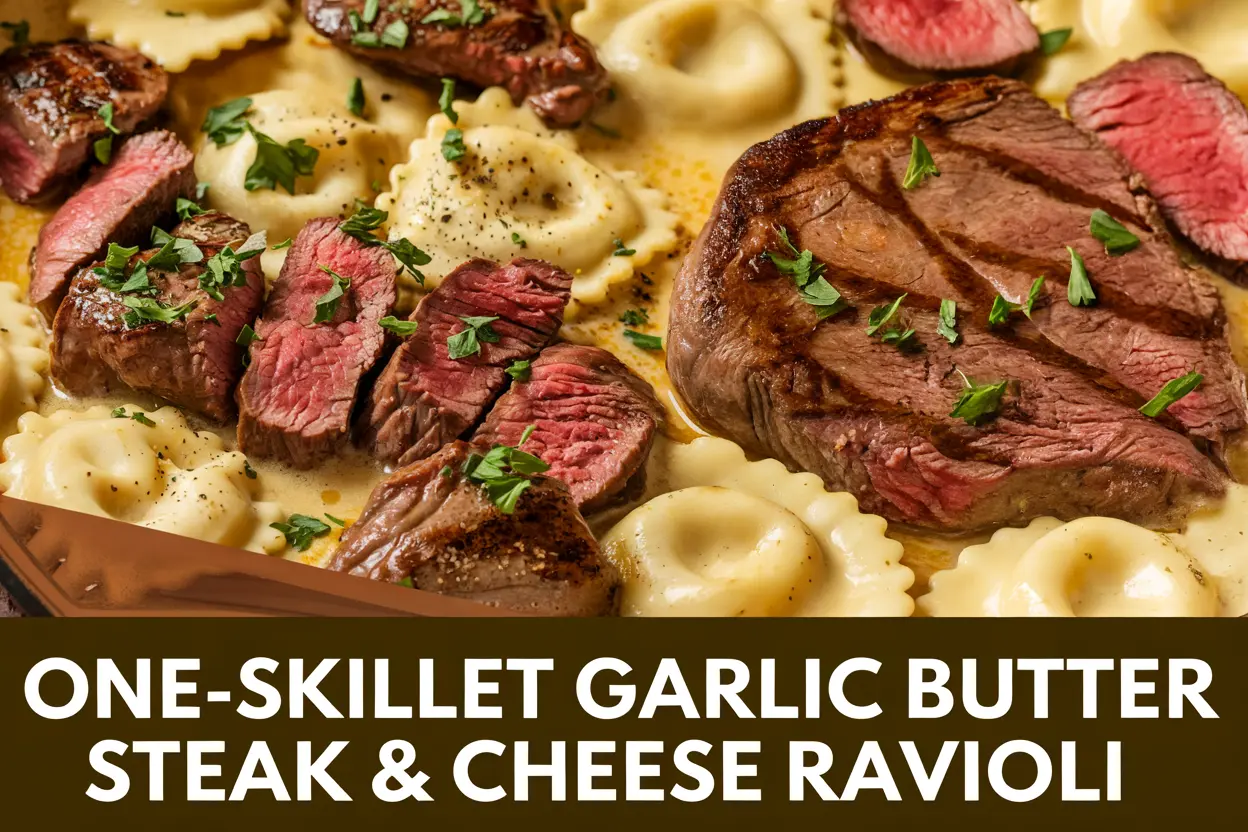 One-Pan Creamy Garlic Butter Steak & Cheese Ravioli Recipe – Quick and Flavorful !