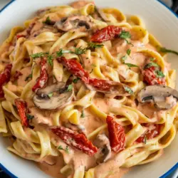 Pasta with Sun Dried Tomatoes & Mushrooms Recipe card