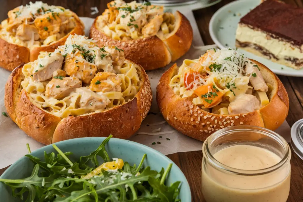 Creamy Chicken Alfredo in Cheesy Garlic Bread Bowls 4 bread bowls