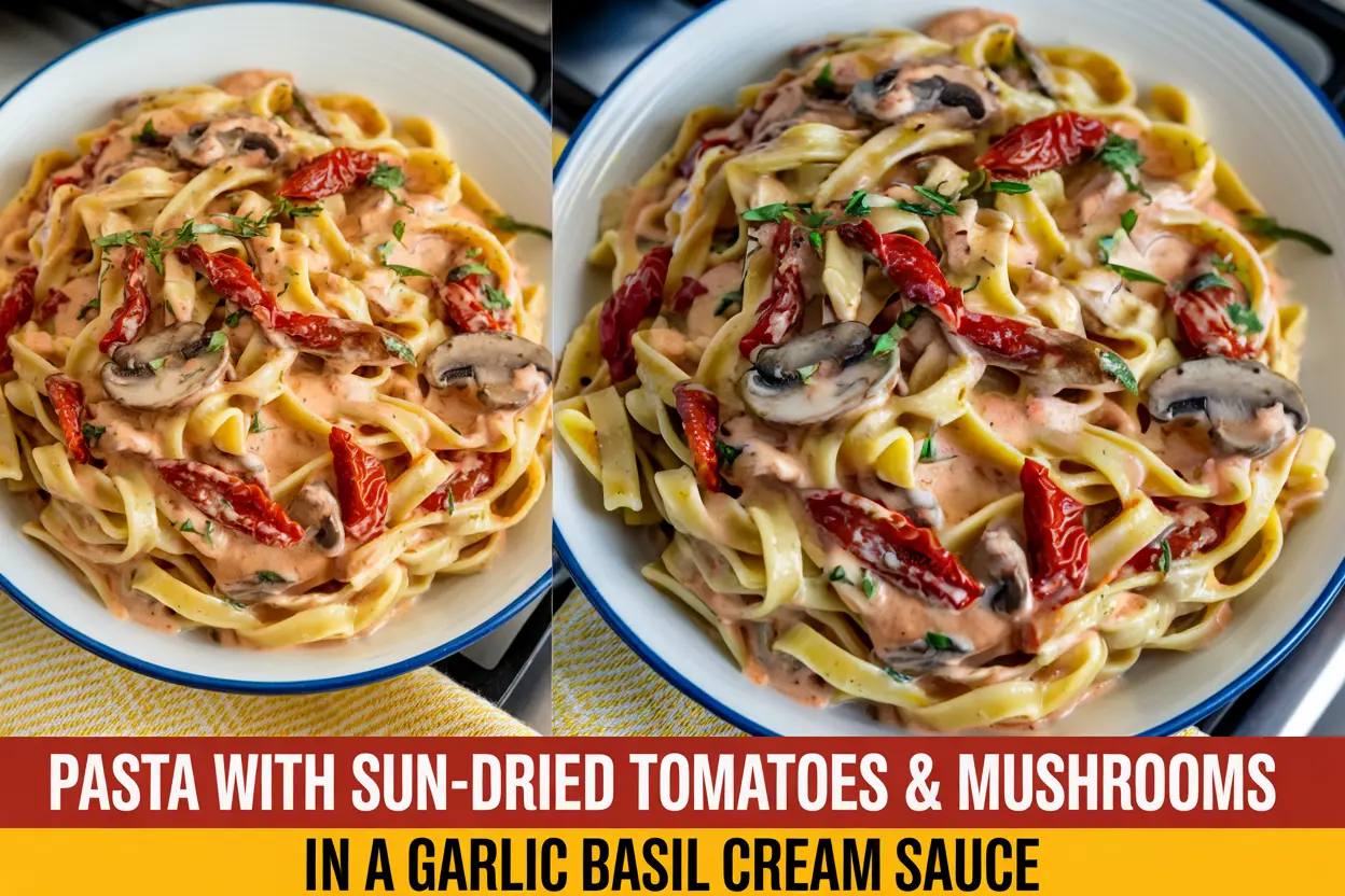 Pasta with Sun Dried Tomatoes & Mushrooms in a Garlic Basil Cream Sauce