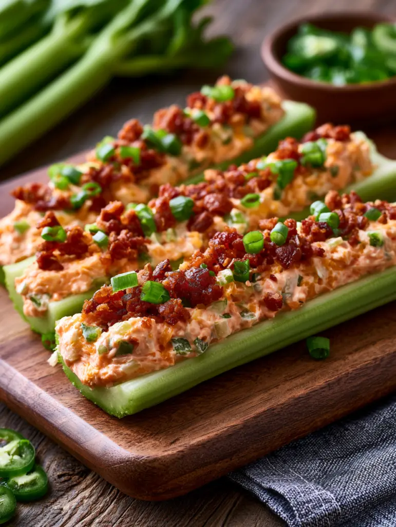 Cheesy Bacon Celery Sticks - The Ultimate Crunchy Party Snack 8 Spicy Jalapeño Celery Sticks