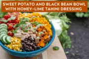 Colorful Sweet Potato and Black Bean Bowl with Honey-Lime Tahini Dressing