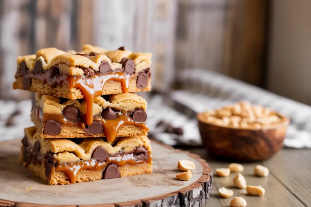 peanut butter caramel toffee chocolate chip cookie bars
