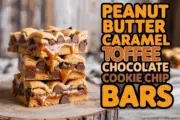Layered Peanut Butter Caramel Toffee Chocolate Chip Cookie Bars