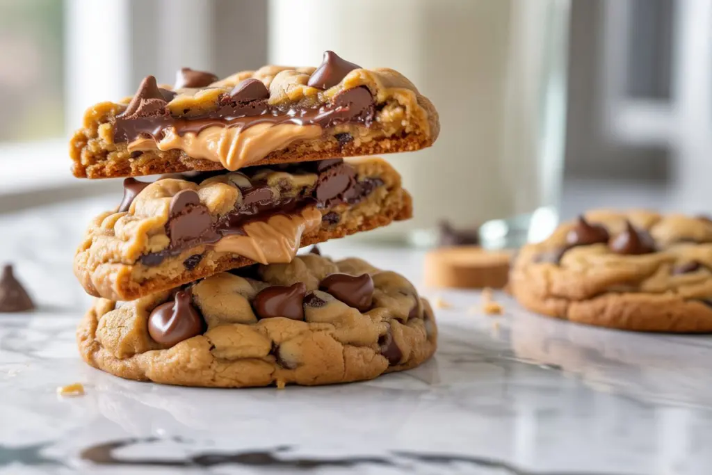 Gooey Peanut Butter Chocolate Chip Cookies 3 chocolate chip cookies