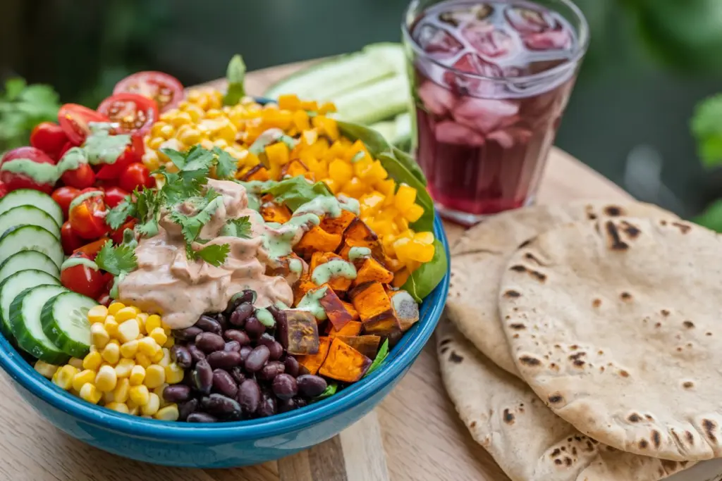 Colorful Sweet Potato and Black Bean Bowl with Honey-Lime Tahini Dressing 4 sweet potato and black bean bowl