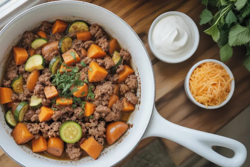 Savory Ground Beef Skillet with Sweet Potatoes & Zucchini 3 ground beef skillet