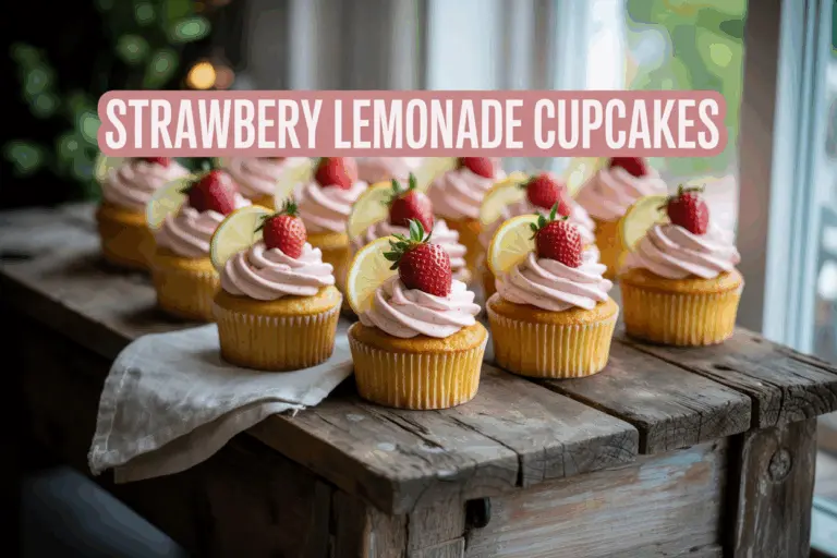 Strawberry Lemonade Cupcakes on rustic table