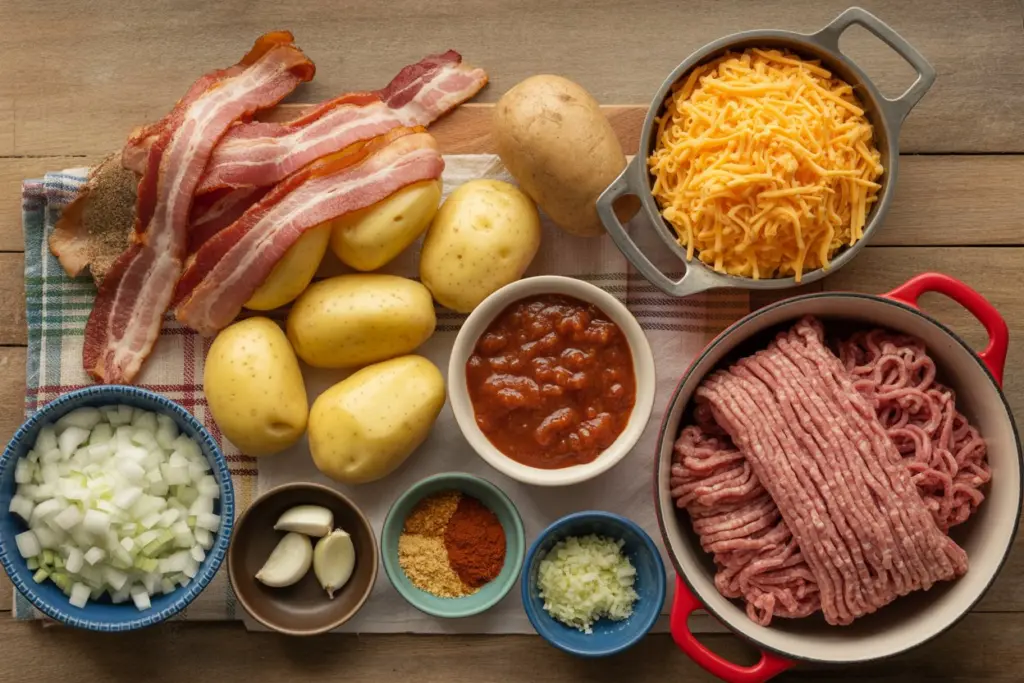  ingredients for cowboy mashed potato casserole laid out