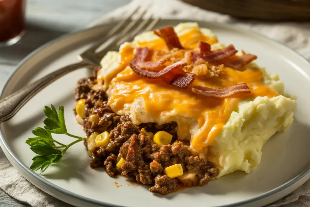 serving cowboy mashed potato casserole on a plate