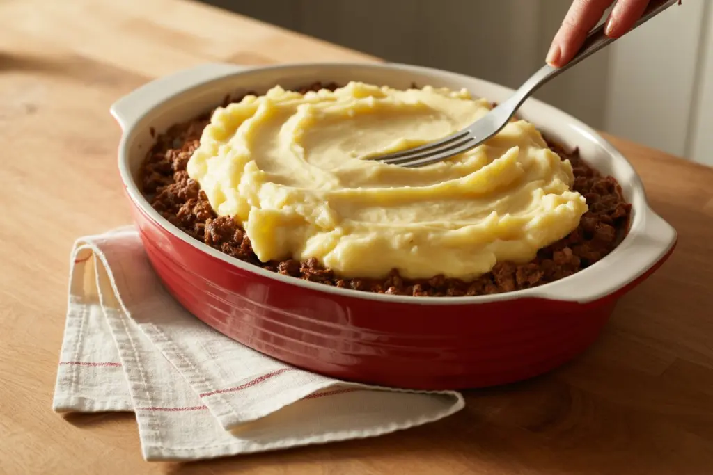 mashed potatoes spread over beef filling in baking dish