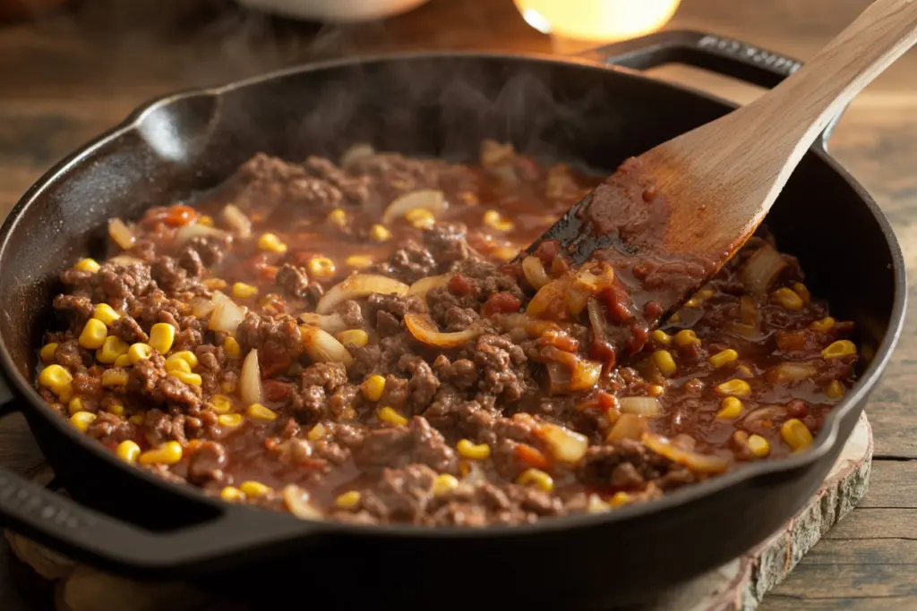 cowboy casserole beef filling in skillet