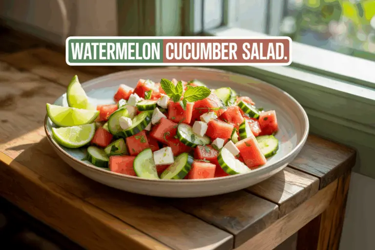 Watermelon Cucumber Salad 1 Watermelon cucumber salad in white bowl
