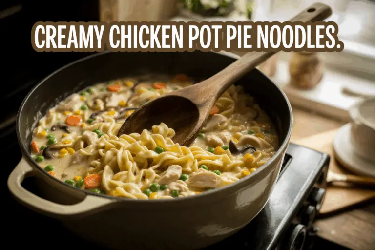 Creamy Chicken Pot Pie Noodles 1 Creamy chicken pot pie noodles in rustic bowl