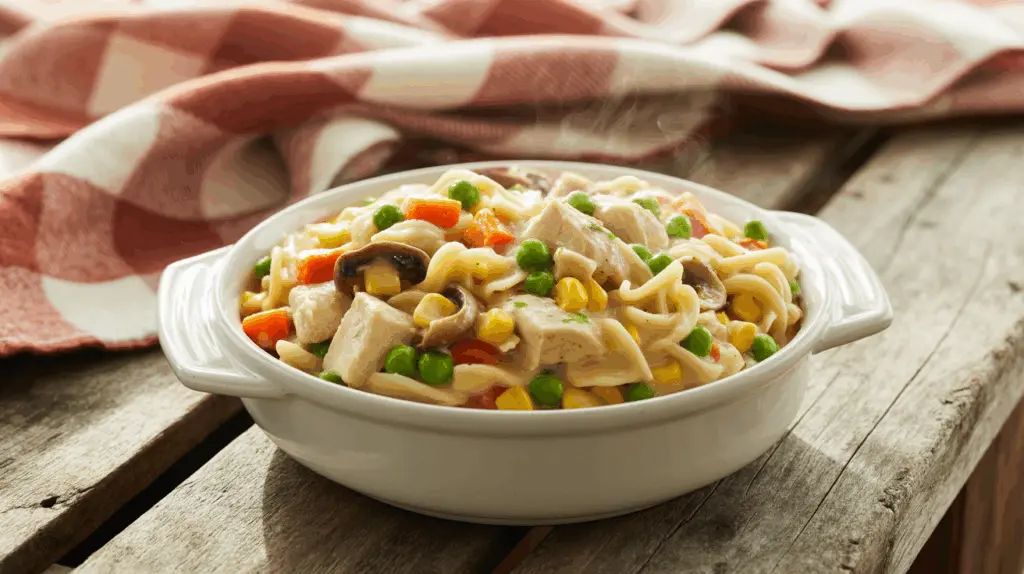 Creamy Chicken Pot Pie Noodles 4 Creamy chicken pot pie noodles in bowl