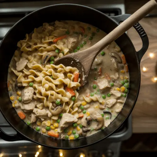 Printable recipe card for creamy chicken pot pie noodles