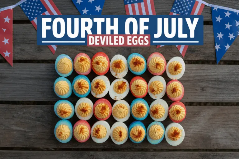 Fourth of July Deviled Eggs on picnic table
