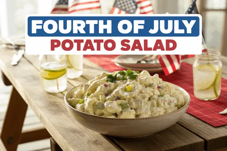 Fourth of July potato salad on picnic table