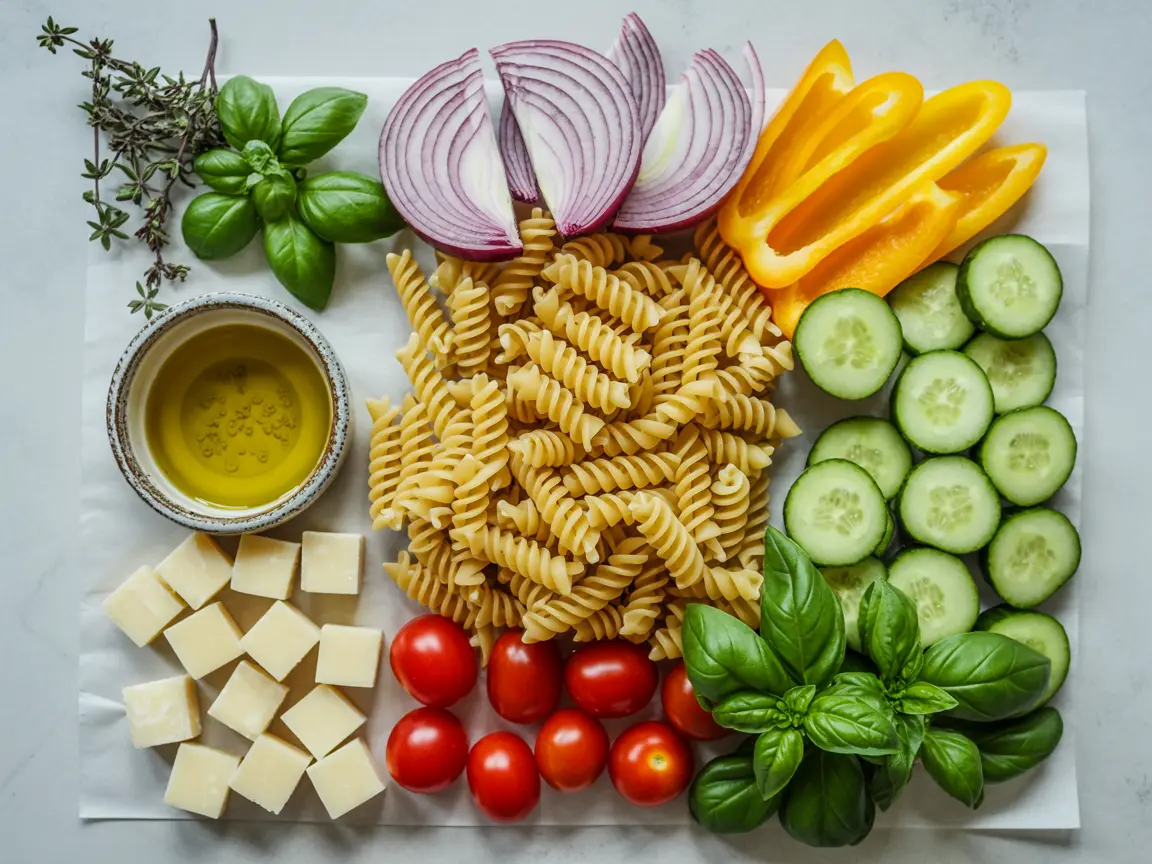 pasta-salad-ingredients.webp Pasta salad ingredients ready to prep