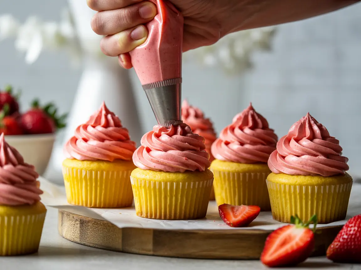 Frosting strawberry buttercream on cupcakes