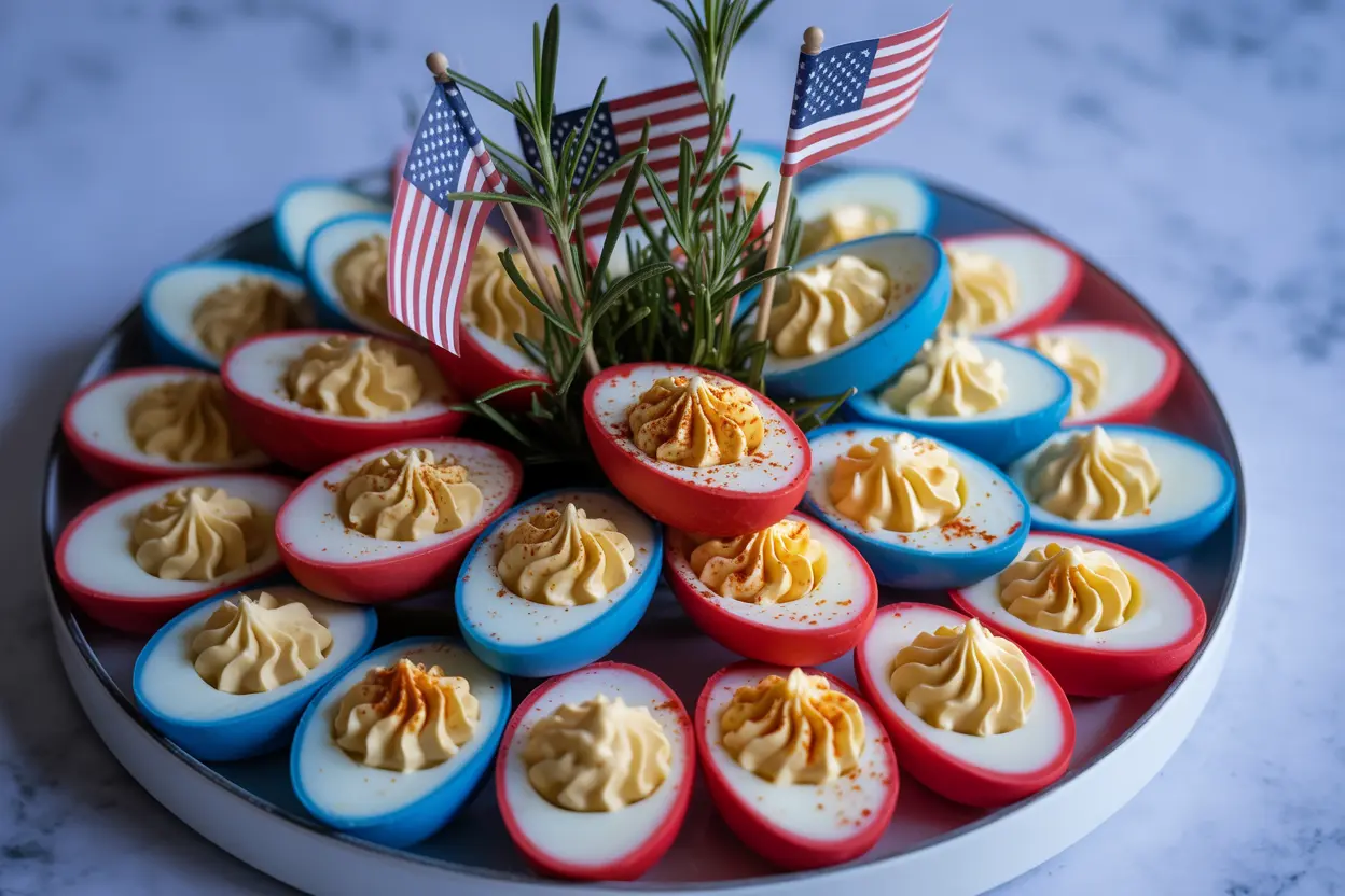 Patriotic deviled eggs arranged for party

