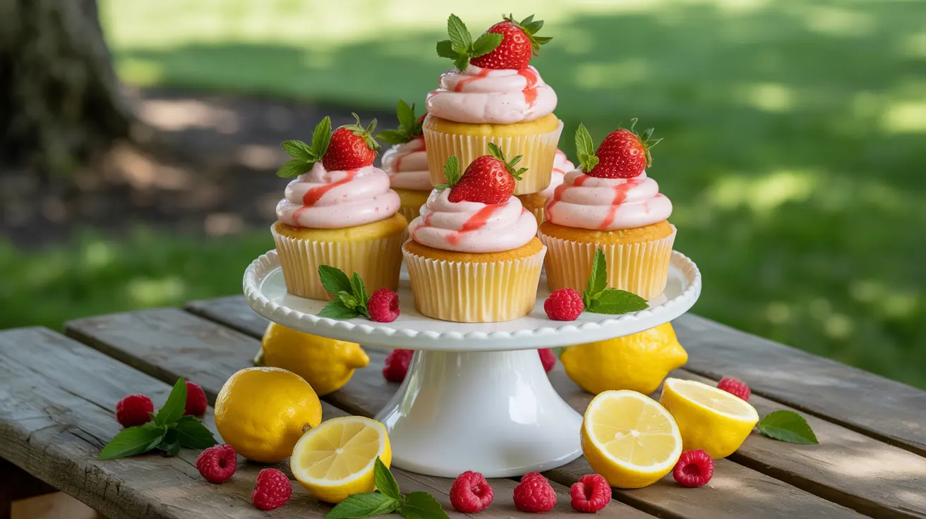 Strawberry lemonade cupcakes on cake stand