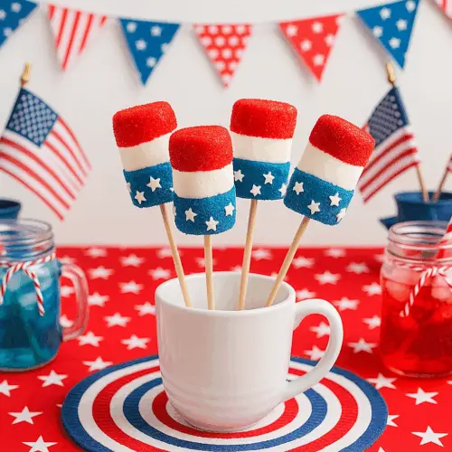 Recipe card for 4th of July Marshmallow Pops