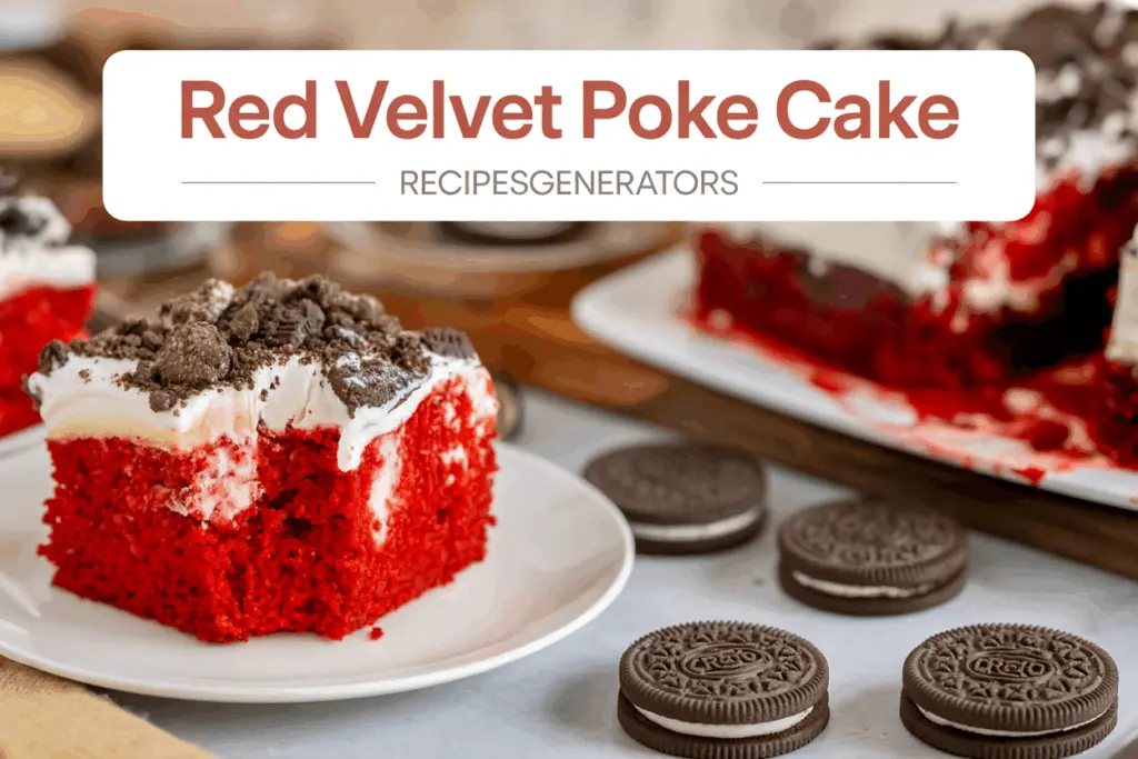 Red Velvet Poke Cake topped with whipped cream and Oreos