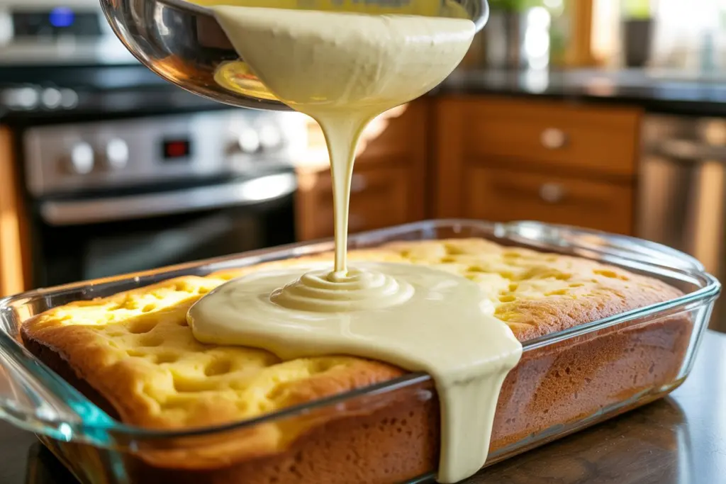 Pouring banana pudding into poke cake
