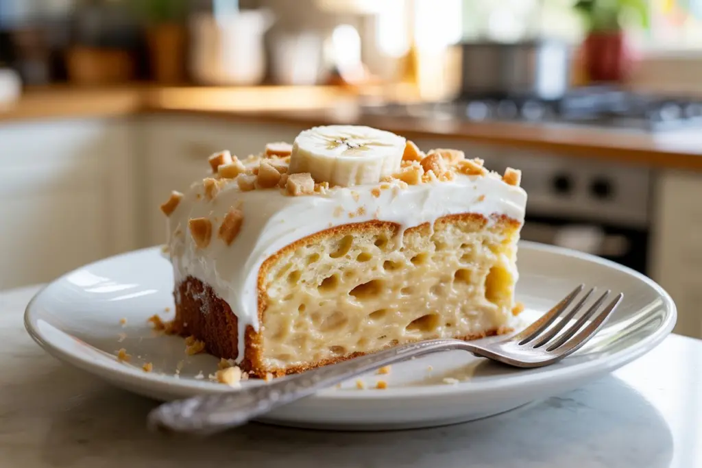 Slice of banana pudding poke cake served on a dessert plate