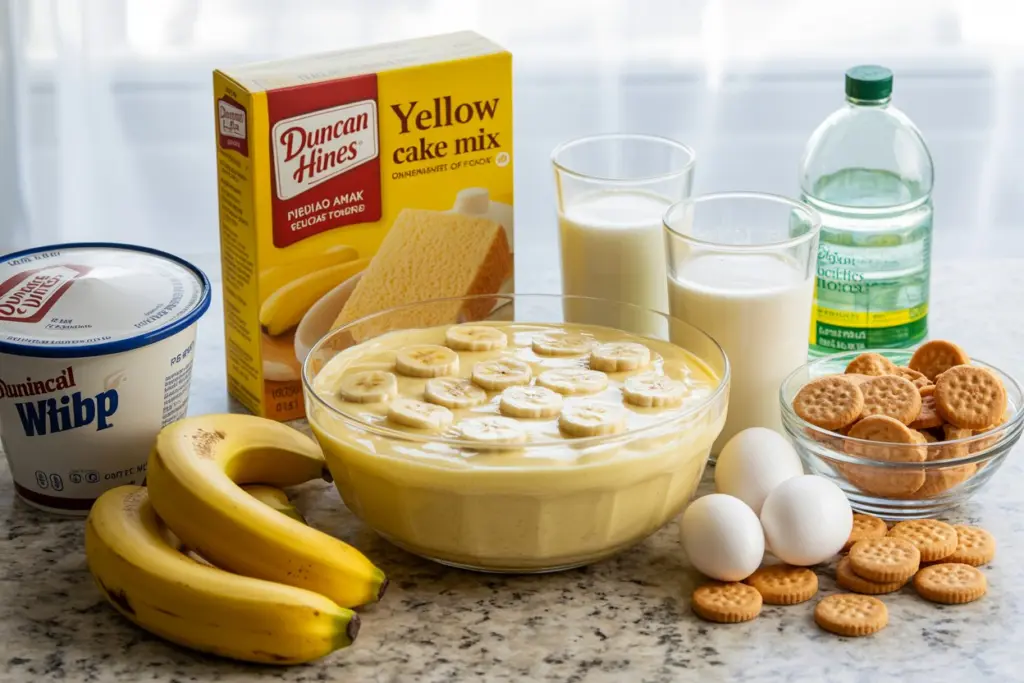 Ingredients for banana pudding poke cake laid out