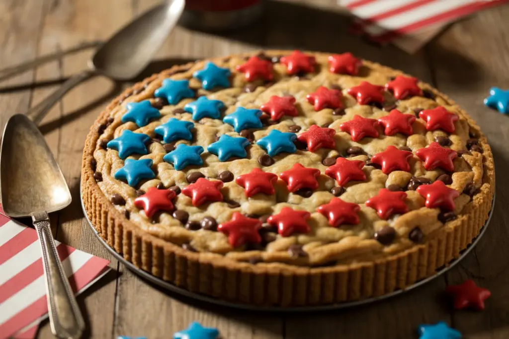 4th of July Cookie Pie on wooden dessert table