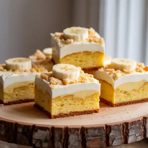 Banana pudding poke cake topped with whipped cream and wafers
